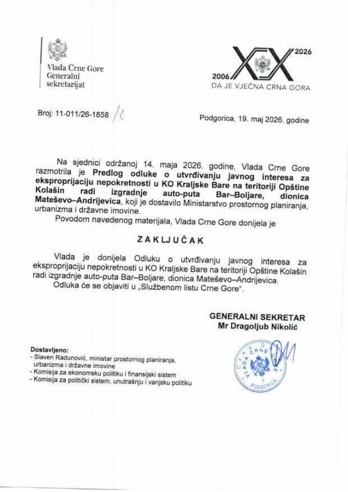 Предлог одлуке о утврђивању јавног интереса за експропријацију непокретности у КО Краљске Баре на територији Општине Колашин ради изградње аутопута Бар-Бољаре, дионица Матешево-Андријевица - закључци