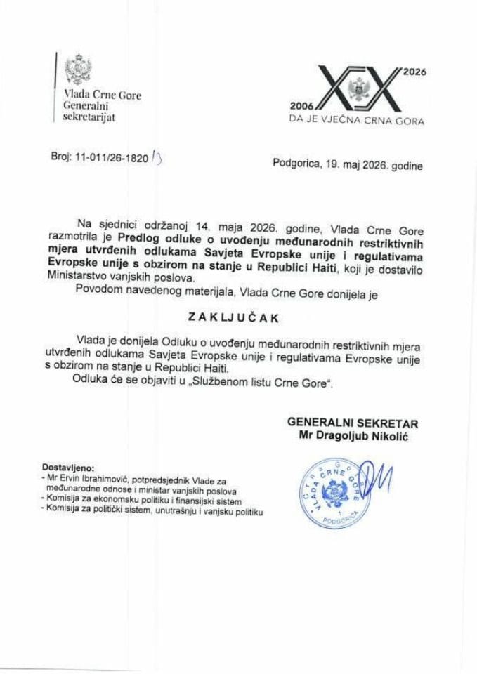 Предлог одлуке о увођењу међународних рестриктивних мјера утврђених одлукама Савјета Европске уније и регулативама Европске уније с обзиром на стање у Републици Хаити - закључци