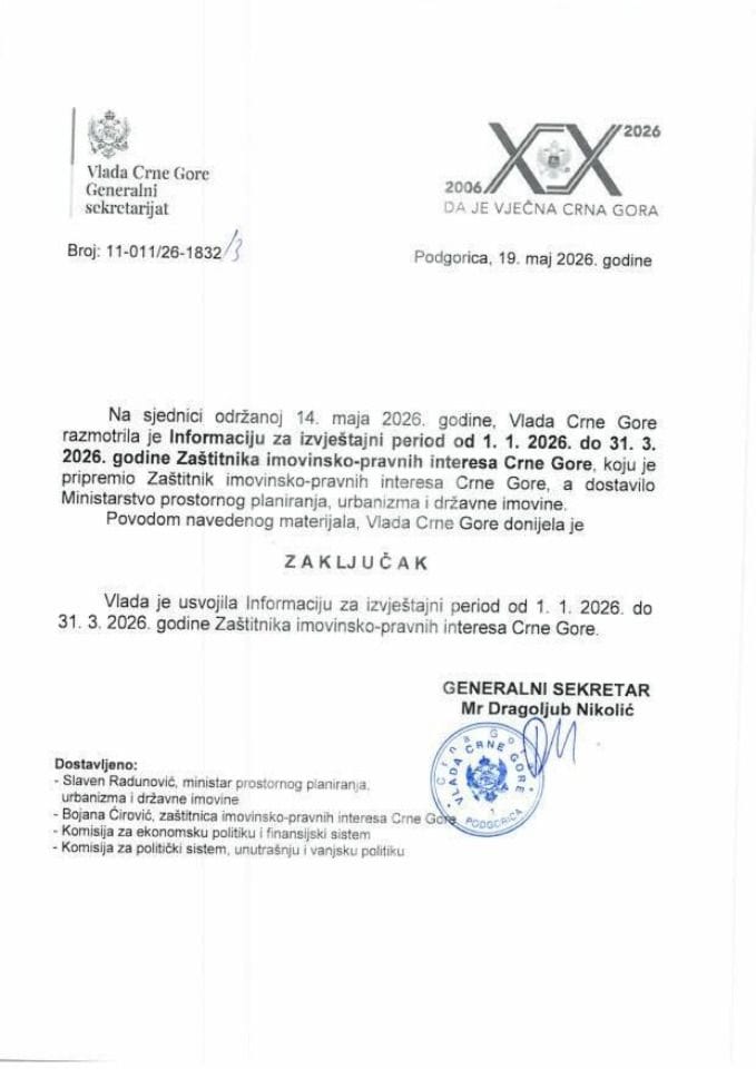Информација за извјештајни период 01.01.2026. до 31.03.2026. године Заститника имовинско-правних интереса Црне Горе - закључци