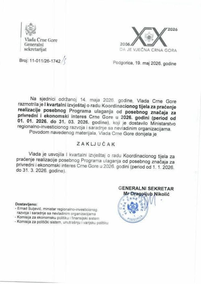 I квартални извјештај о раду Координационог тијела за праћење реализације посебног Програма улагања од посебног значаја за привредни и економски интерес ЦГ у 2026. години (период од 01. 01. 2026. до 31. 03. 2026. године) - закључци