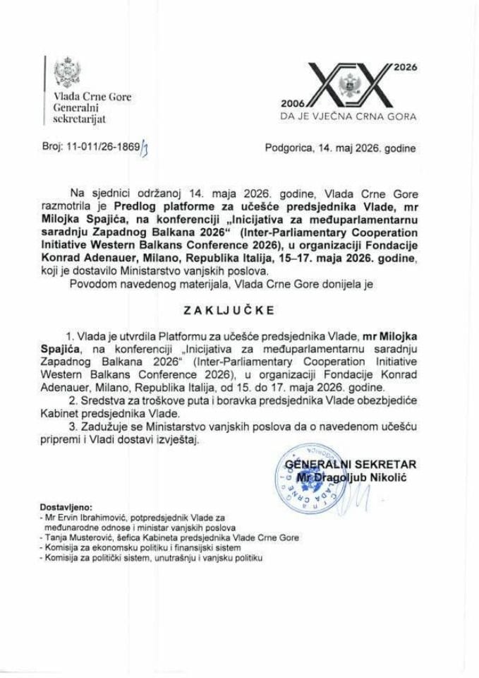 Предлог платформе за учешће предсједника Владе мр Милојка Спајића на конференцији „Иницијатива за међупарламентарну сарадњу Западног Балкана 2026“, Милано, Република Италија, 15-17. мај 2026. године - закључци