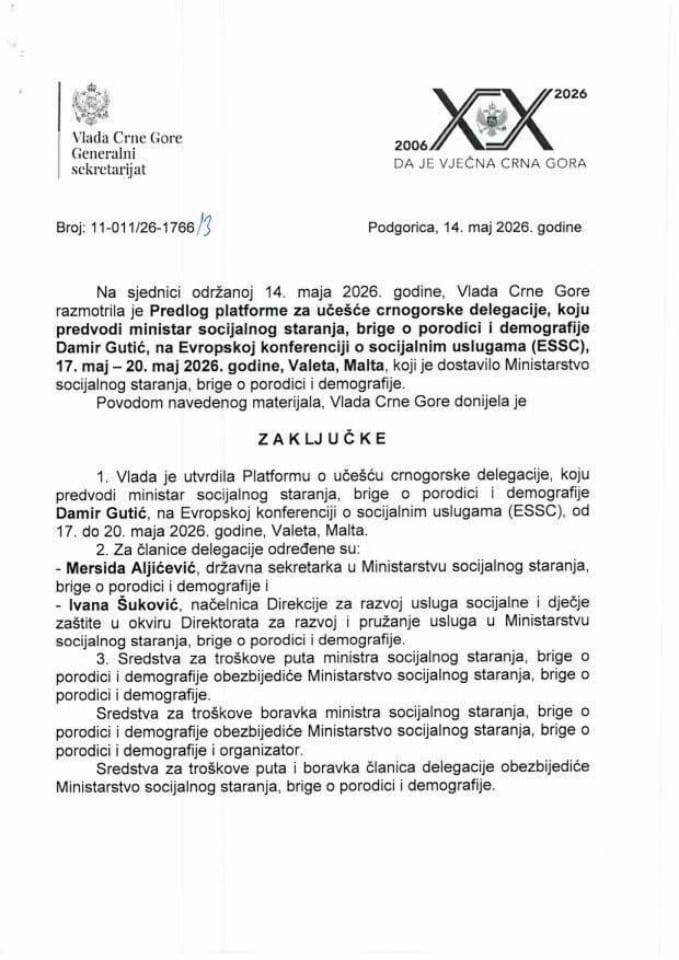 Предлог платформе за учешће црногорске делегације, коју предводи министар социјалног старања, бриге о породици и демографије Дамир Гутић, на Европској конференцији о социјалним услугама (ESSC), 17 – 20. мај 2026. године, Валлета, Малта - закључци