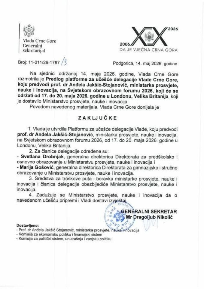 Предлог платформе за учешће делегације Владе Црне Горе, коју предводи проф. др Анђела Јакшић-Стојановић, министарка просвјете, науке и иновација, на Свјетском образовном форуму 2026, у Лондону, Велика Британија - закључци