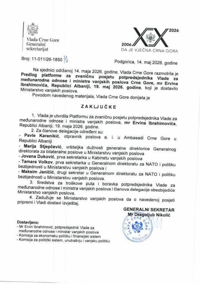 Предлог платформе за званичну посјету потпредсједника Владе за међународне односе и министра вањских послова Црне Горе мр Ервина Ибрахимовића Републици Албанији, 19. мај 2026. године - закључци