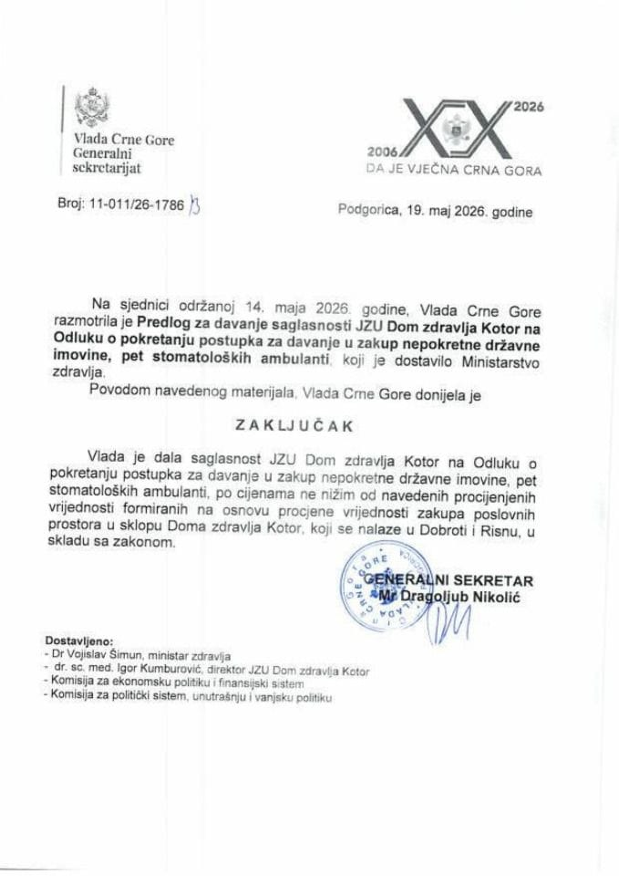 Предлог за давање сагласности ЈЗУ Дом здравља Котор на Одлуку о покретању поступка за давање у закуп непокретне државне имовине, пет стоматолошких амбуланти - закључци