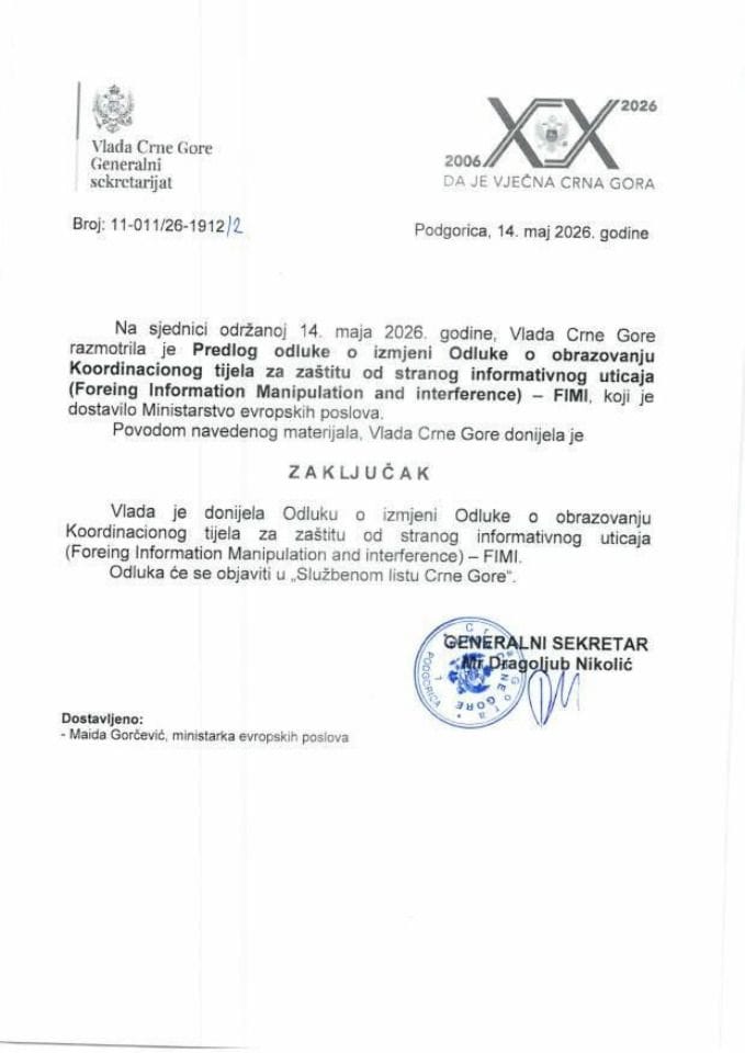 Предлог одлуке о измјени Одлуке о образовању Координационог тијела за заштиту од страног информативног утицаја (Foreign Information Manipulation and Interference) - FIMI - закључци