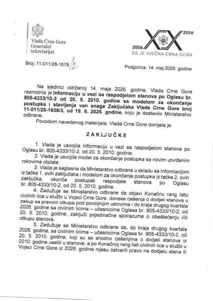 Информација у вези са расподјелом станова по Огласу бр. 805-4333/10-2 од 20.5.2010. године са моделом за окончање поступка и стављања ван снаге Закључака Владе Црне Горе број 11- 011/25-1938/3 од 19.6.2025. године - закључци