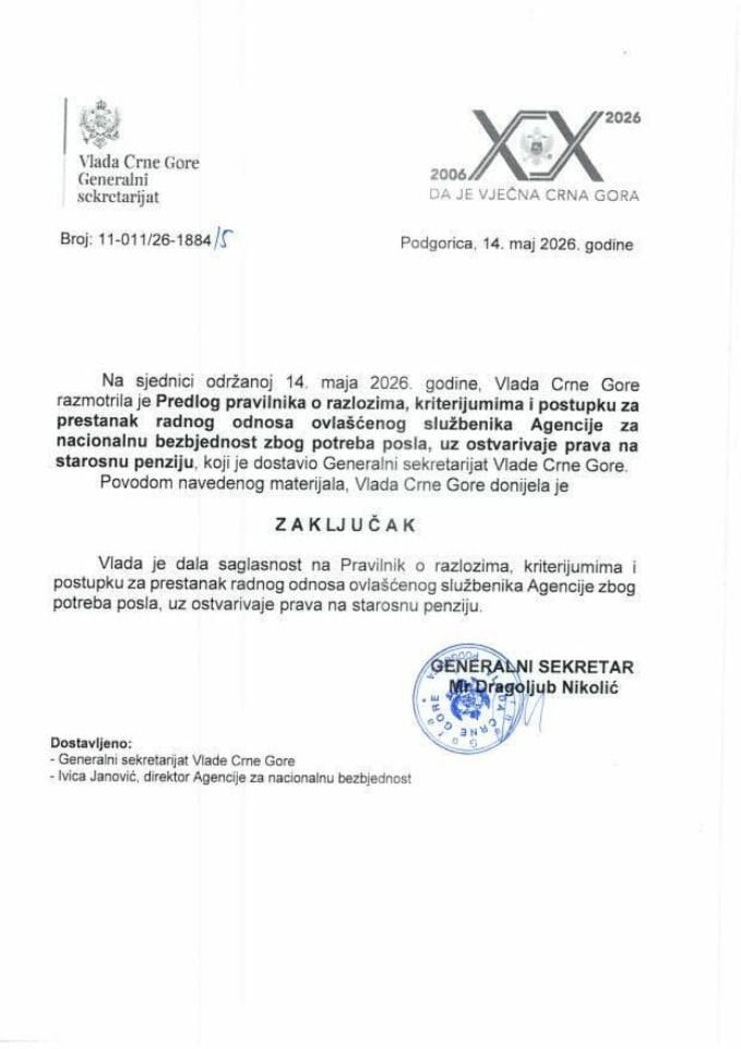 Предлог правилника о разлозима, критеријумима и поступку за престанак радног односа овлашћеног службеника Агенције за националну безбједност због потреба посла, уз оствариваје права на старосну пензију - закључци
