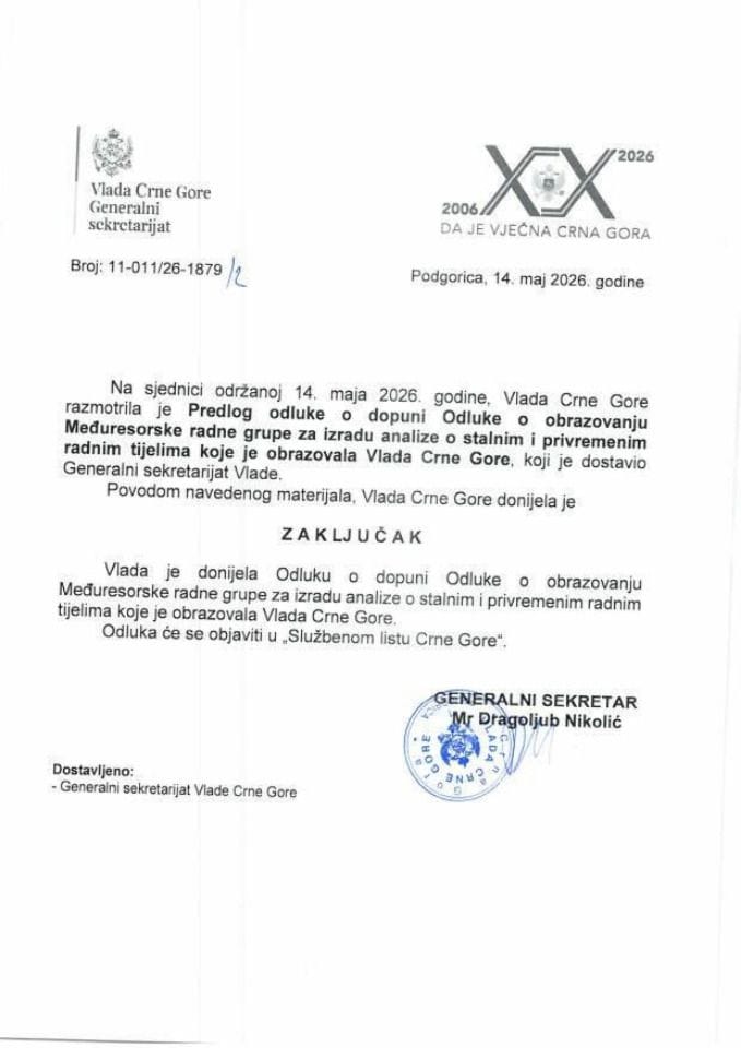 Предлог одлуке о допуни Одлуке о образовању Међуресорске радне групе за израду анализе о сталним и привременим радним тијелима које је образовала Влада Црне Горе - закључци