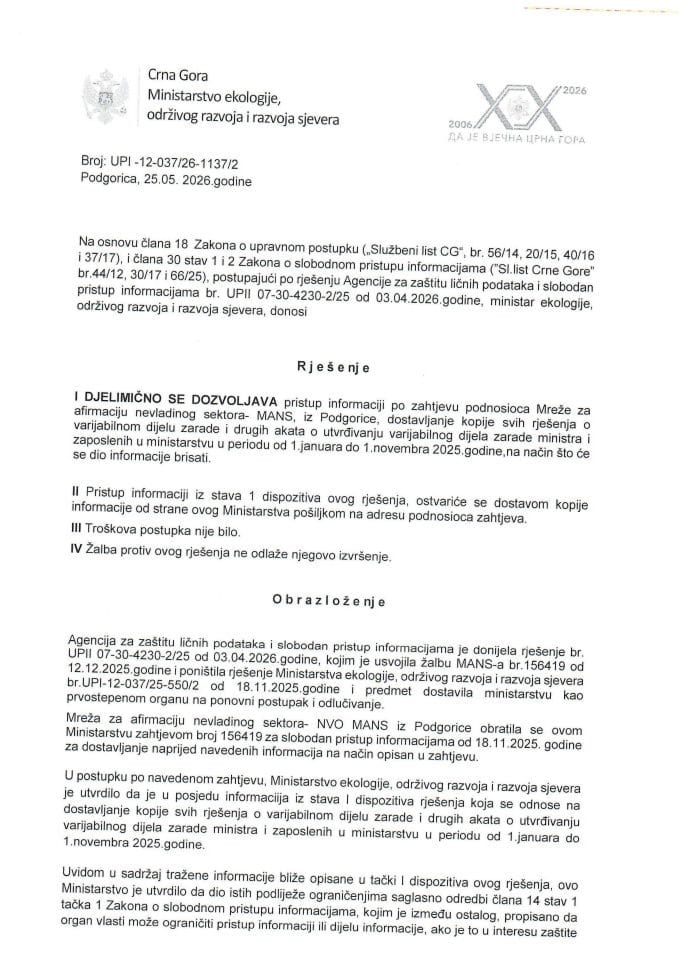 Rješenje po zahtjevu NVO MANS UPI-12-037-26-1137-2 od 25.05.2026.