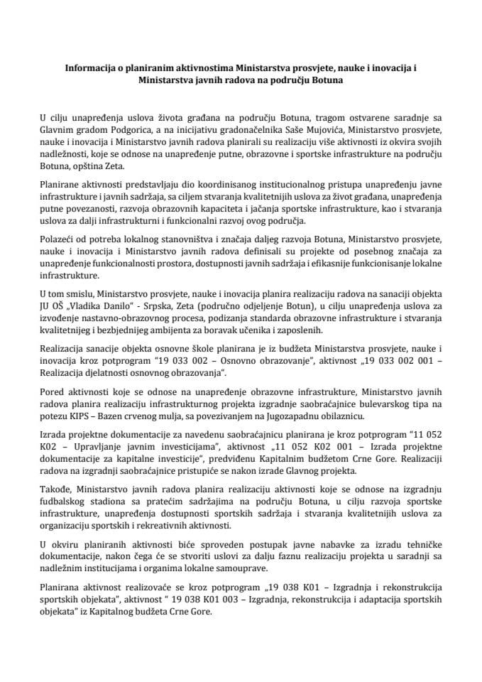 Informacija o planiranim aktivnostima Ministarstva prosvjete, nauke i inovacija i Ministarstva javnih radova na području Botuna