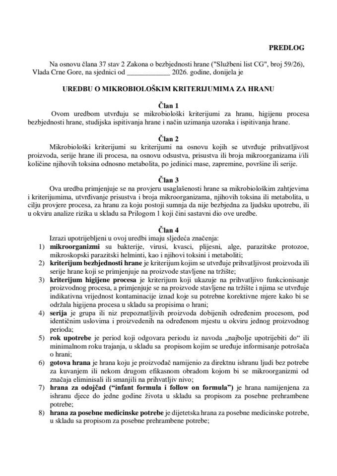 Predlog uredbe o mikrobiološkim kriterijumima za hranu