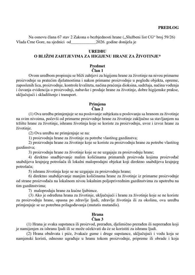 Predlog uredbe o bližim zahtjevima za higijenu hrane za životinje