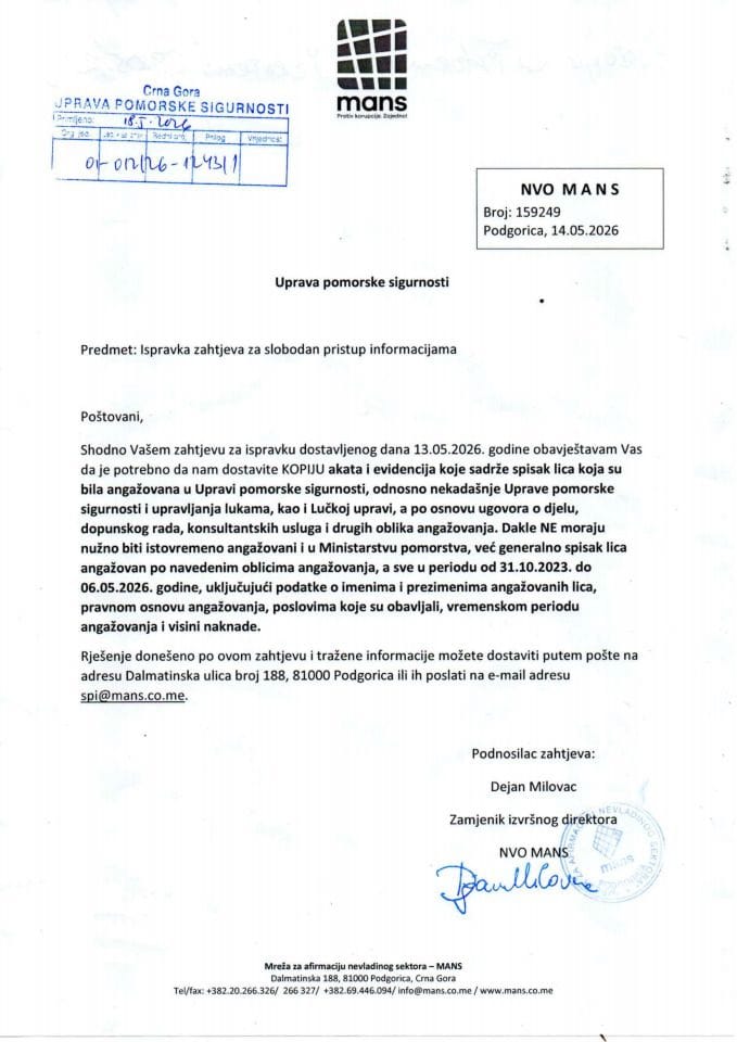 Zahtjev SPI br.159249 od 14.5.2026. NVO MANS i Rjesenje
