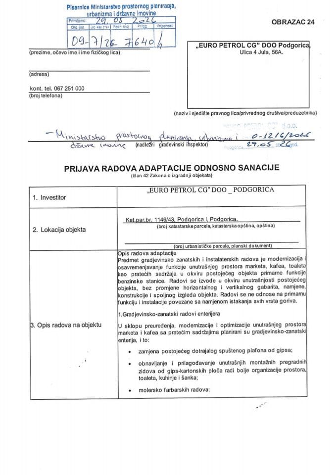 Пријава радова адаптације - 09-7-26-7640-1 ЕУРО ПЕТРОЛ ЦГ Д.О.О.