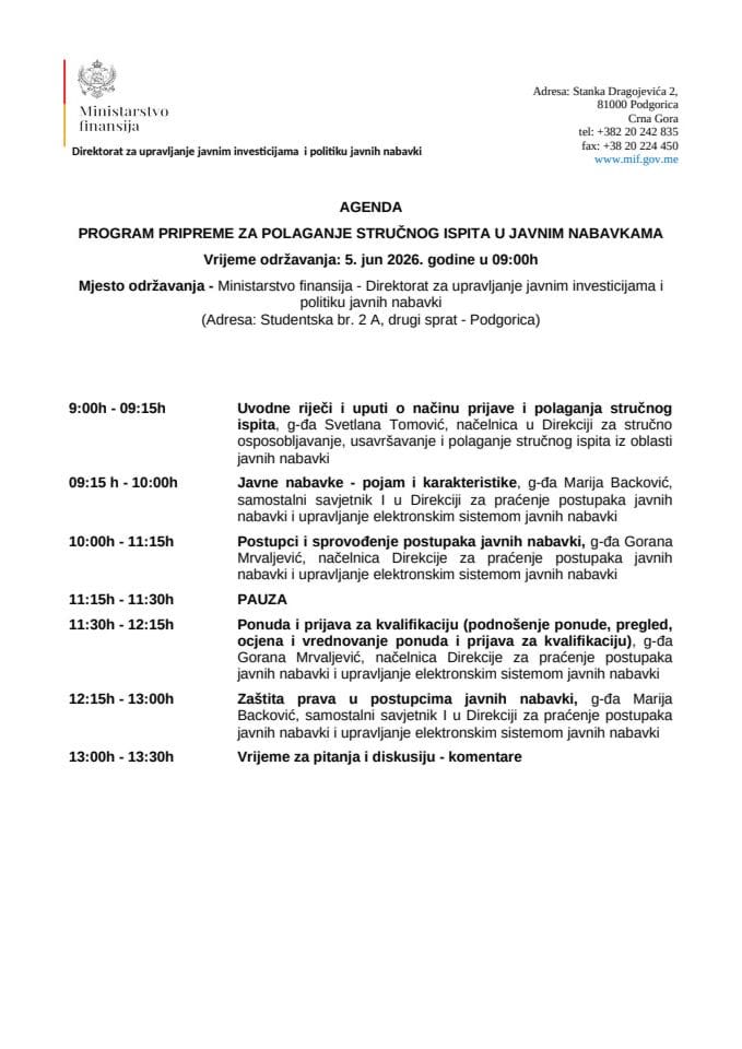 Agenda 5. jun 2026. godine