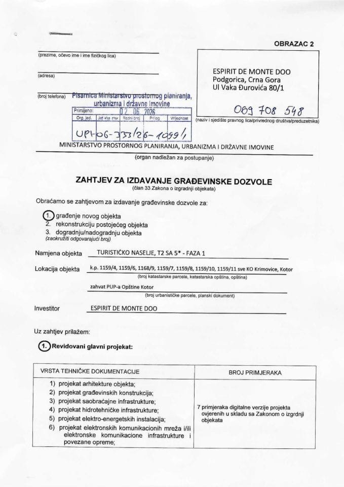 Zahtjevi za izdavanje građevinske dozvole - UPI 06_333_26_1099_1 ESPIRIT DE MONTE DOO