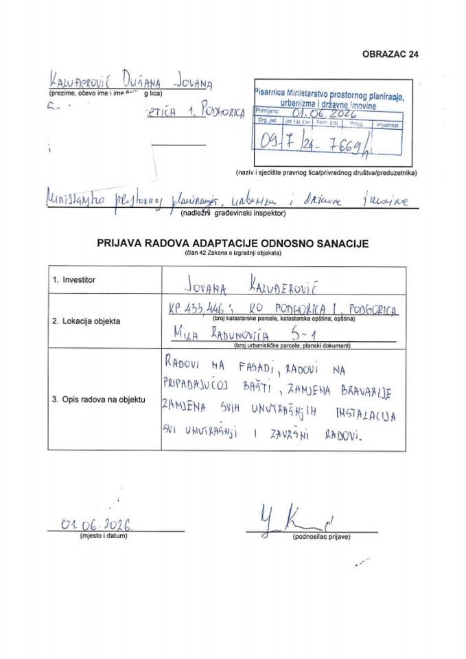 Prijava radova adaptacije - 09-7-26-7669-1 KALUĐEROVIĆ JOVANA