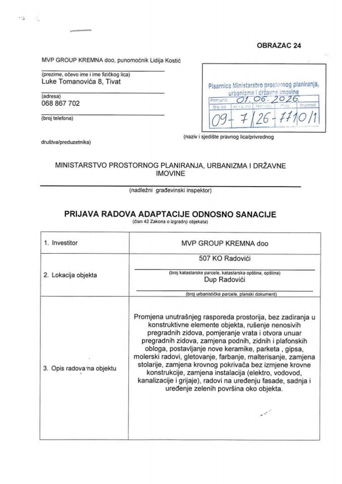 Prijava radova adaptacije - 09-7-26-7710-1 MVP GROUP KREMNA D.O.O.