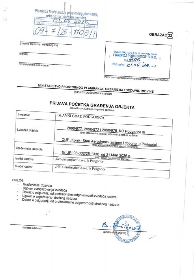 Prijava početka građenja objekta - 09-7-26-7708-1 AGENCIJA ZA IZGRADNJU I RAZVOJ PODGORICE D.O.O.