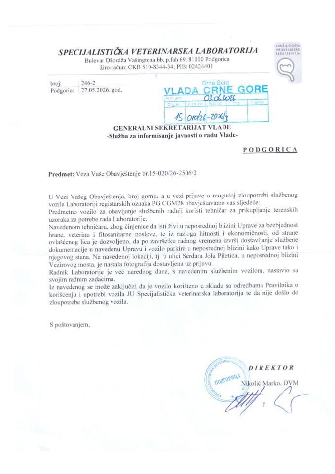 Odgovor Specijalističke veterinarske laboratorije o sumnji na zloupotrebu službenog vozila PG CGM 28 - JU