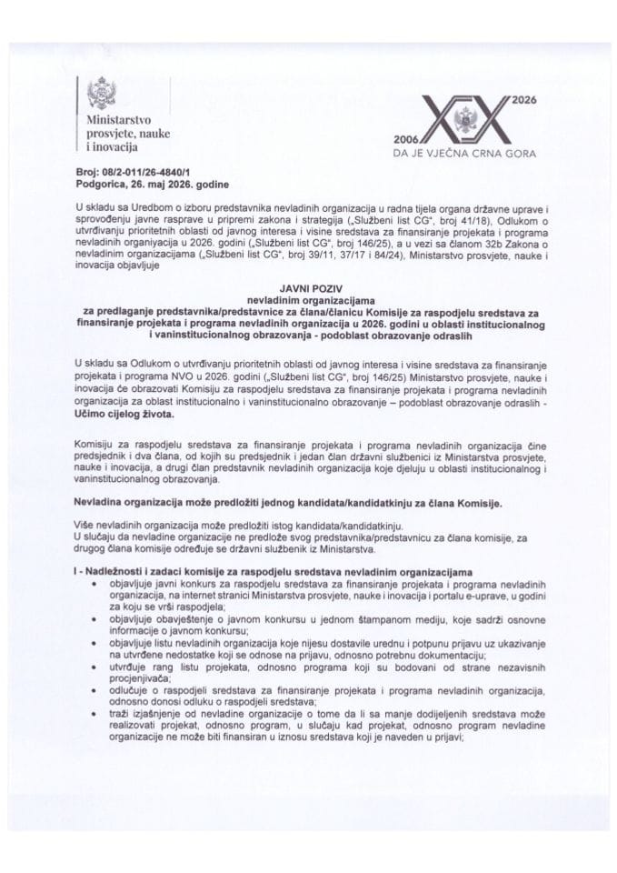 Javni poziv za NVO za predlaganje predstavnika/ce za člana/cu Komisije za raspodjelu sredstava za finansiranje projekata i programa NVO u 2026. godini u oblasti institucionalnog i vaninstitucionalnog obrazovanja - podoblast obrazovanje odraslih