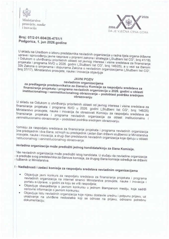 Javni poziv za NVO za predlaganje predstavnika/ce za člana/cu Komisije za raspodjelu sredstava za finansiranje projekata i programa NVO u 2026. godini u oblasti institucionalnog i vaninstitucionalnog obrazovanja – podoblast podrška srednjem obrazovanju