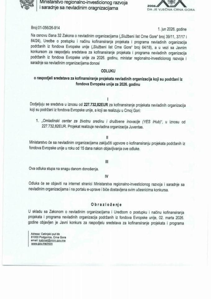 Odluka o raspodjeli sredstava za kofinansiranje projekata NVO podržanih iz fondova EU