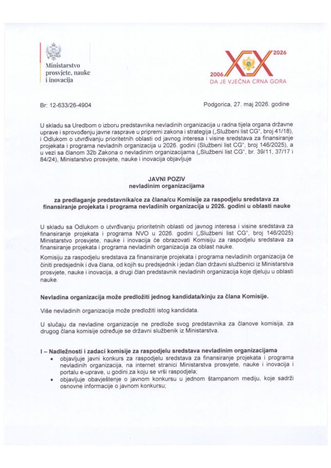 Javni poziv NVO za predlaganje predstavnika/ce za člana/cu Komisije za raspodjelu sredstava za finansiranje projekata i programa NVO u 2026. godini u oblasti nauke