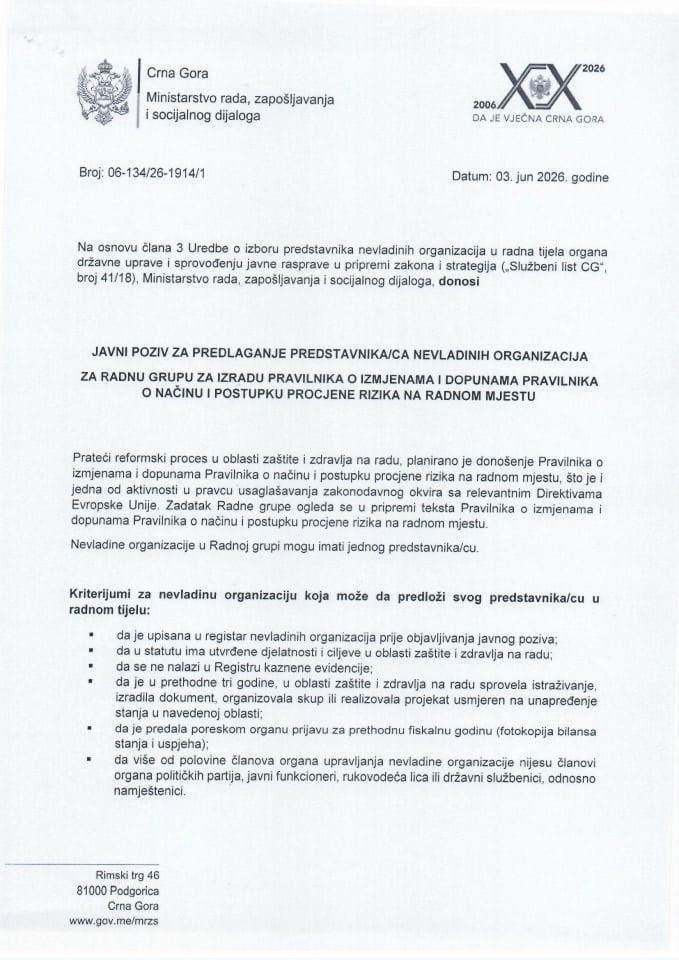Javni poziv za predstavnike NVO u Radnoj grupi za izmjene Pravilnika o procjeni rizika