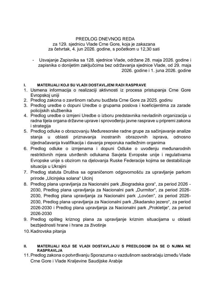 Predlog dnevnog reda za 129. sjednicu Vlade Crne Gore