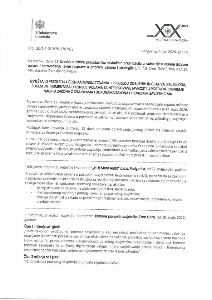Izvještaj o pregledu učesnika konsultovanja i pregledu dobijenih inicijativa, prijedloga, sugestija i komentara u konsultacijama zainteresovanje javnosti u postupku