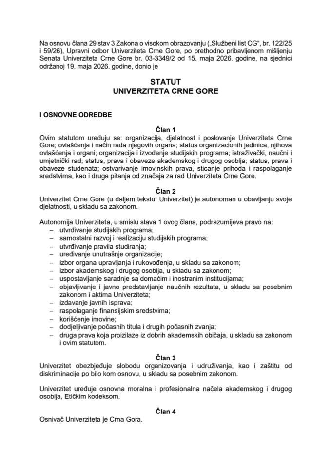 Predlog statuta Univerziteta Crne Gore