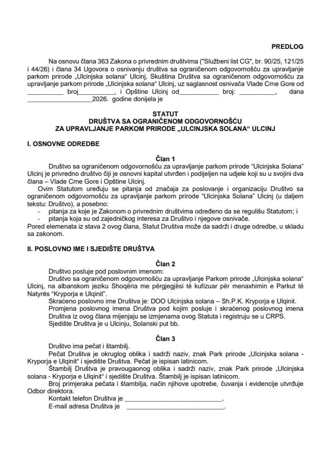 Predlog statuta Društva sa ograničenom odgovornošću za upravljanje parkom prirode „Ulcinjska solana“ Ulcinj