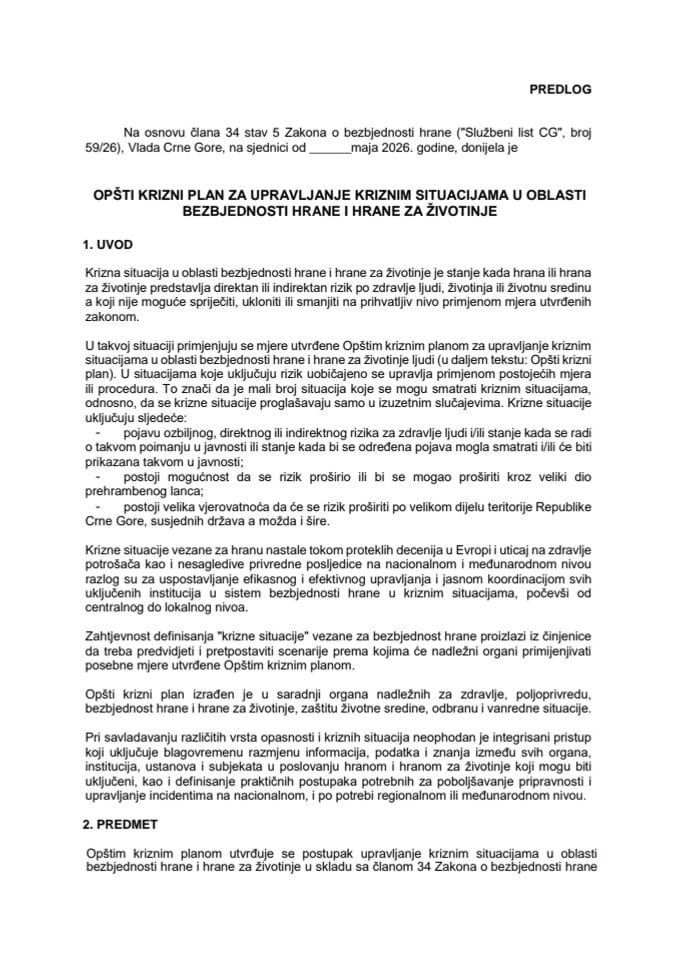 Predlog opšteg kriznog plana za upravljanje kriznim situacijama u oblasti bezbjednosti hrane i hrane za životinje