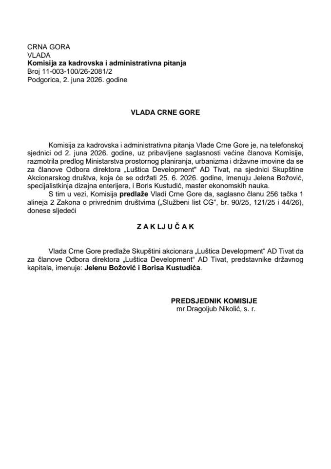Predlog za imenovanje članova Odbora direktora „Luštica Development“ AD Tivat
