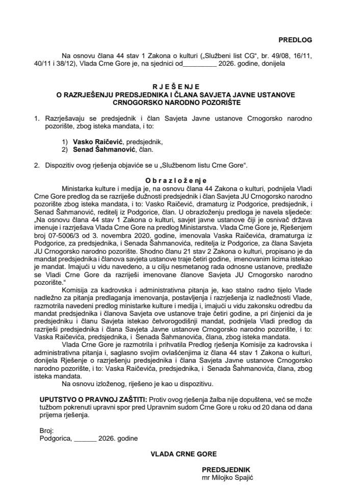 Predlog za razrješenje predsjednika i člana Savjeta JU Crnogorsko narodno pozorište