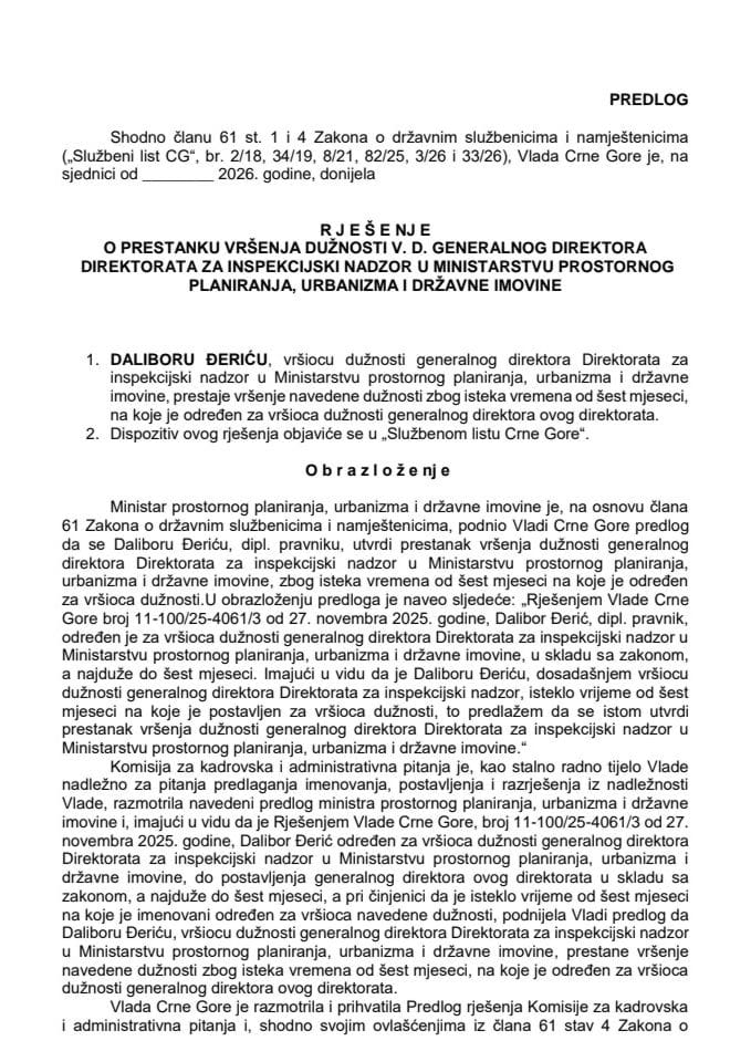 Predlog za prestanak vršenja dužnosti v. d. generalnog direktora Direktorata za inspekcijski nadzor u Ministarstvu prostornog planiranja, urbanizma i državne imovine