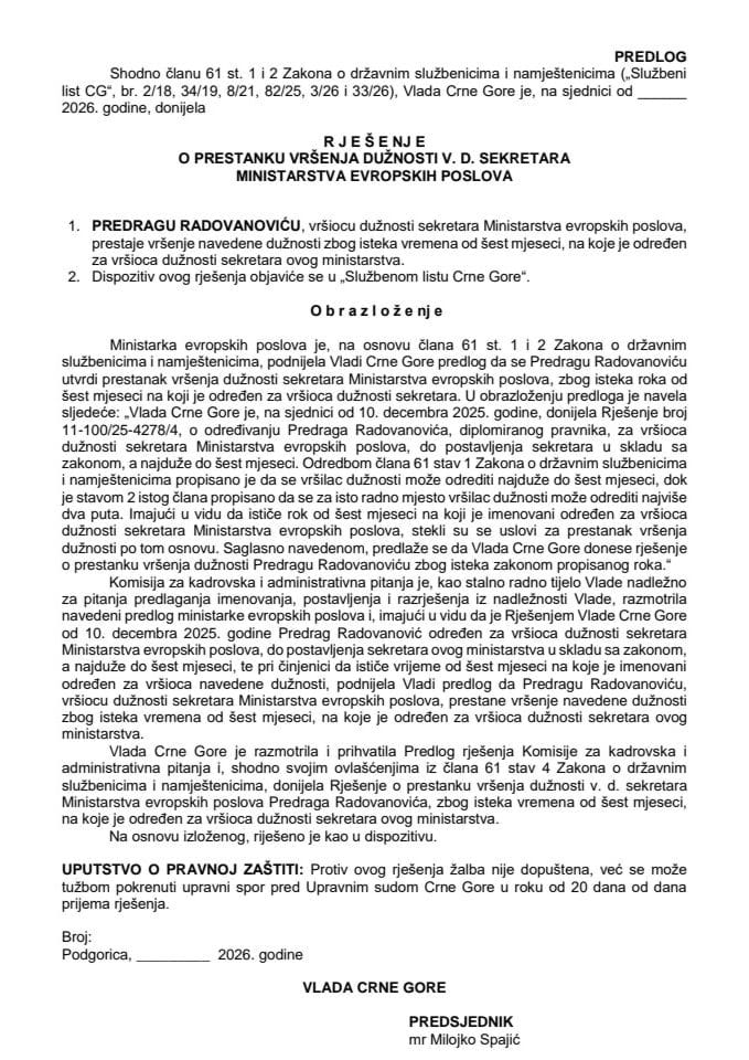 Predlog za prestanak vršenja dužnosti v. d. sekretara Ministarstva evropskih poslova