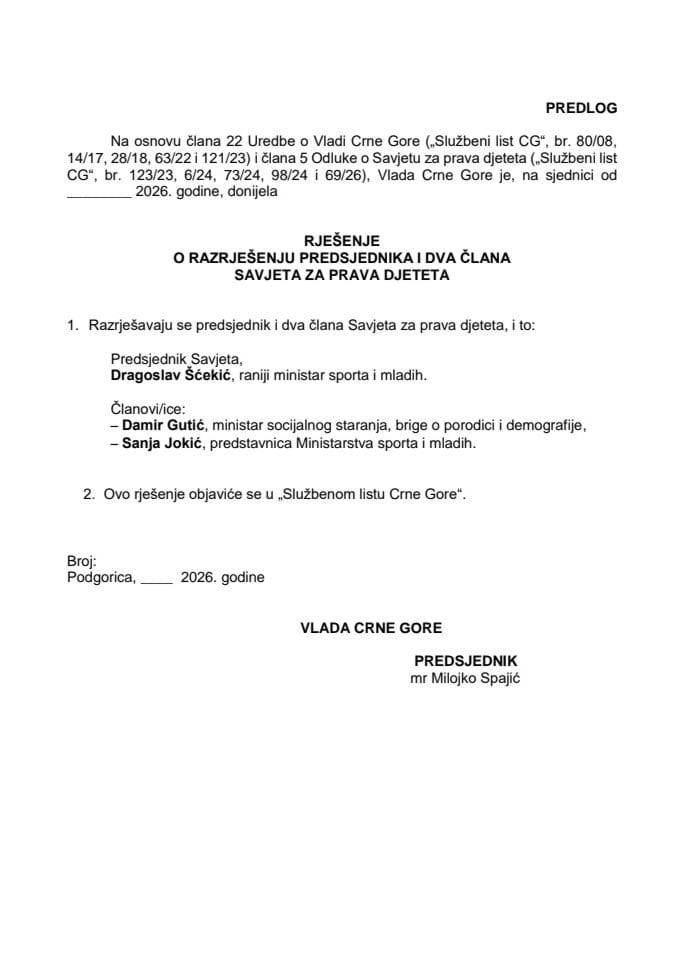 Predlog za razrješenje predsjednika i dva člana Savjeta za prava djeteta
