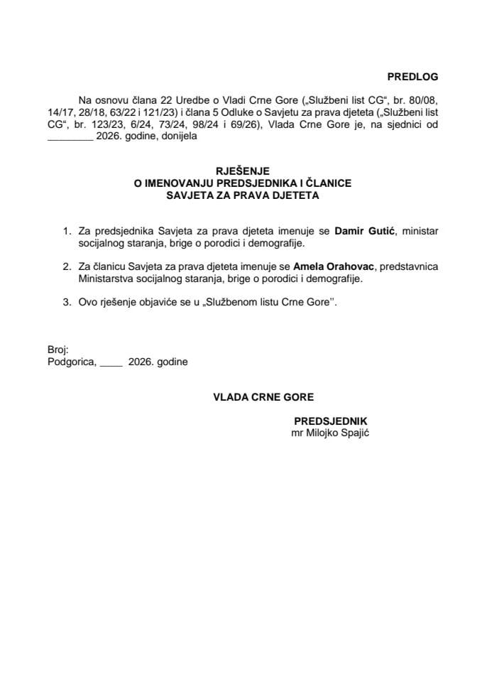 Predlog za imenovanje predsjednika i članice Savjeta za prava djeteta