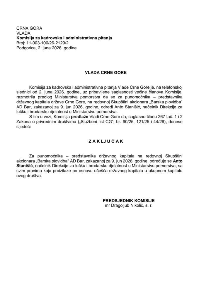 Predlog za određivanje punomoćnika-predstavnika državnog kapitala na redovnoj Skupštini akcionara „Barska plovidba“ AD Bar
