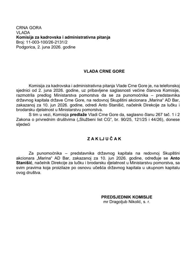 Predlog za određivanje punomoćnika – predstavnika državnog kapitala na redovnoj Skupštini akcionara „Marina“ AD Bar