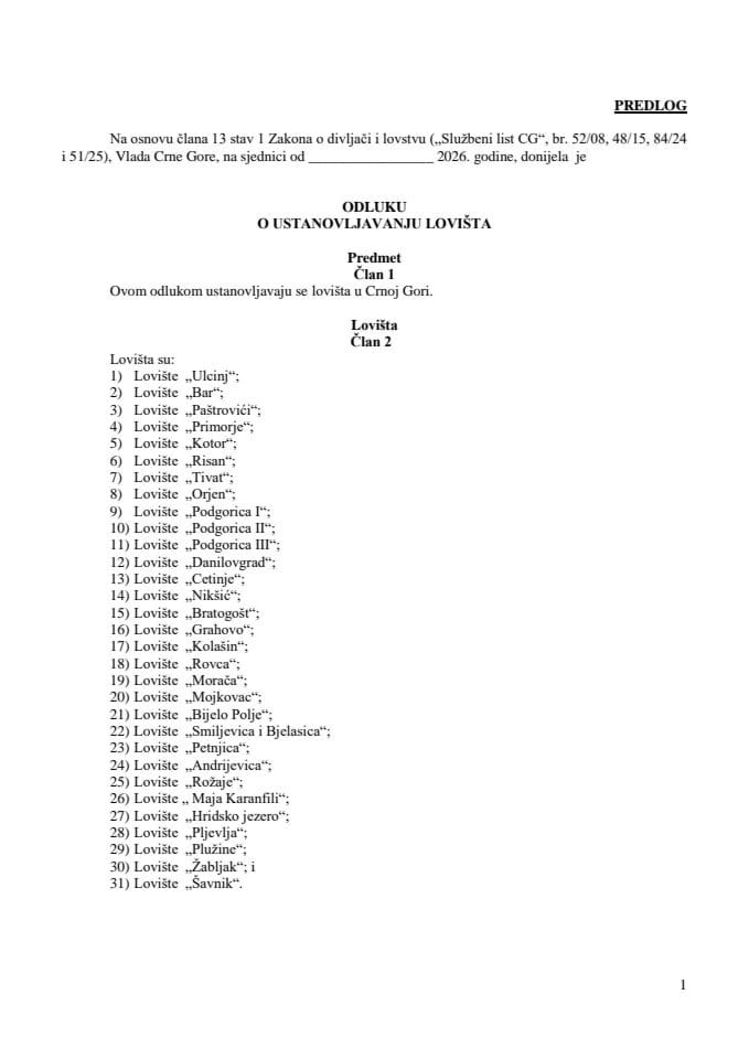 Predlog odluke o ustanovljavanju lovišta