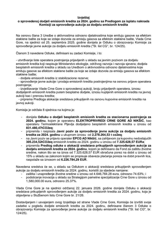 Izvještaj o sprovedenoj dodjeli emisionih kredita za 2024. godinu sa Predlogom za isplatu naknada Komisiji za sprovođenje aukcije za dodjelu emisionih kredita
