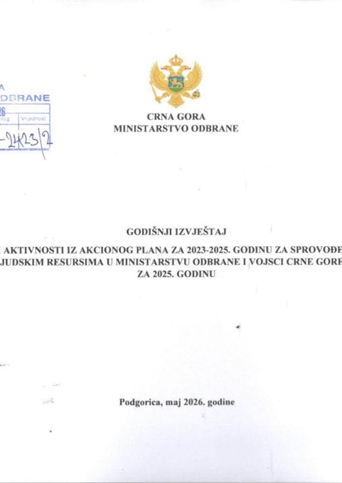 Godišnji izvještaj o realizaciji aktivnosti iz Akcionog plana za 2023-2025. godinu za sprovođenje Strategije upravljanja ljudskim resursima u Ministarstvu odbrane i Vojsci Crne Gore 2023-2027. godina, za 2025. godinu