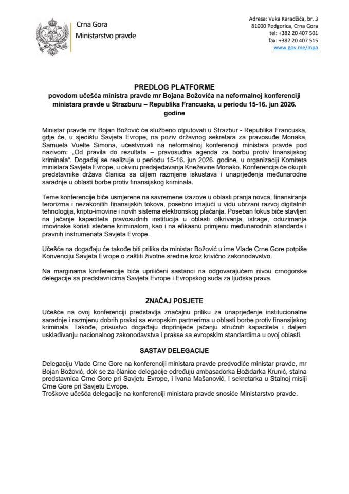 Predlog platforme povodom učešća ministra pravde mr Bojana Božovića na neformalnoj konferenciji ministara pravde u Strazburu – Republika Francuska, u periodu 15-16. jun 2026. godine