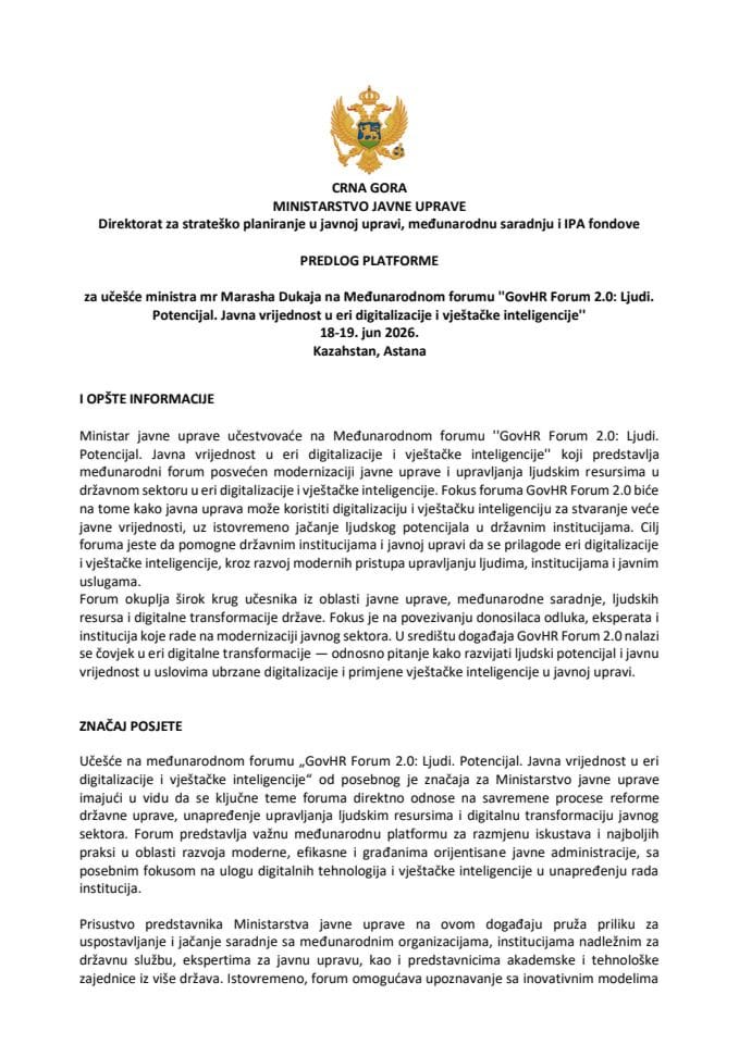Predlog platforme za učešće ministra mr Marasha Dukaja na Međunarodnom forumu „GovHR Forum 2.0: Ljudi. Potencijal. Javna vrijednost u eri digitalizacije i vještačke inteligencije“, 18-19. jun 2026, Kazahstan, Astana