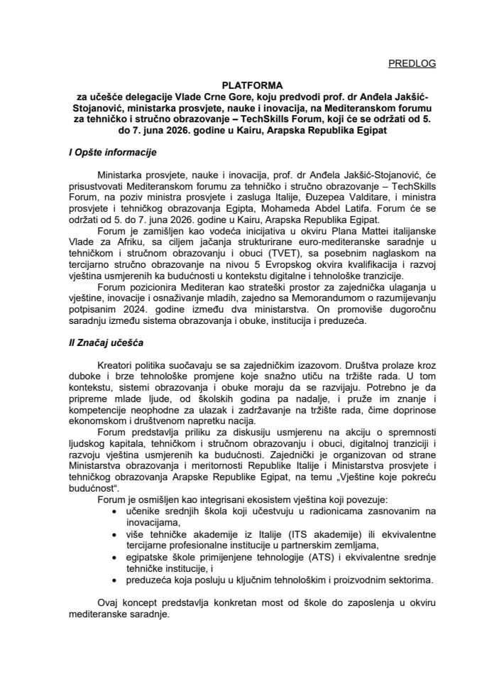 Predlog platforme za učešće delegacije Vlade Crne Gore, koju predvodi prof. dr Anđela Jakšić-Stojanović, ministarka prosvjete, nauke i inovacija, na Mediteranskom forumu za tehničko i stručno obrazovanje – TechSkills Forum