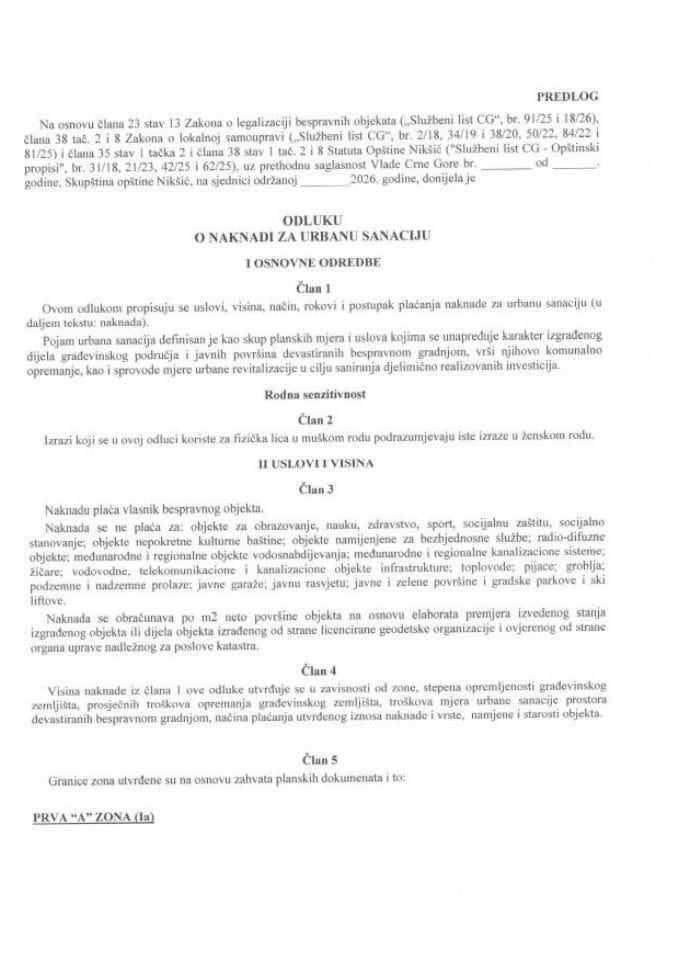 Predlog odluke o naknadi za urbanu sanaciju Opštine Nikšić